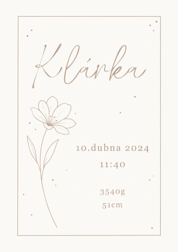 Personalizovaný plakát s květinou a údaji o narození – béžová verze | KIKIKA