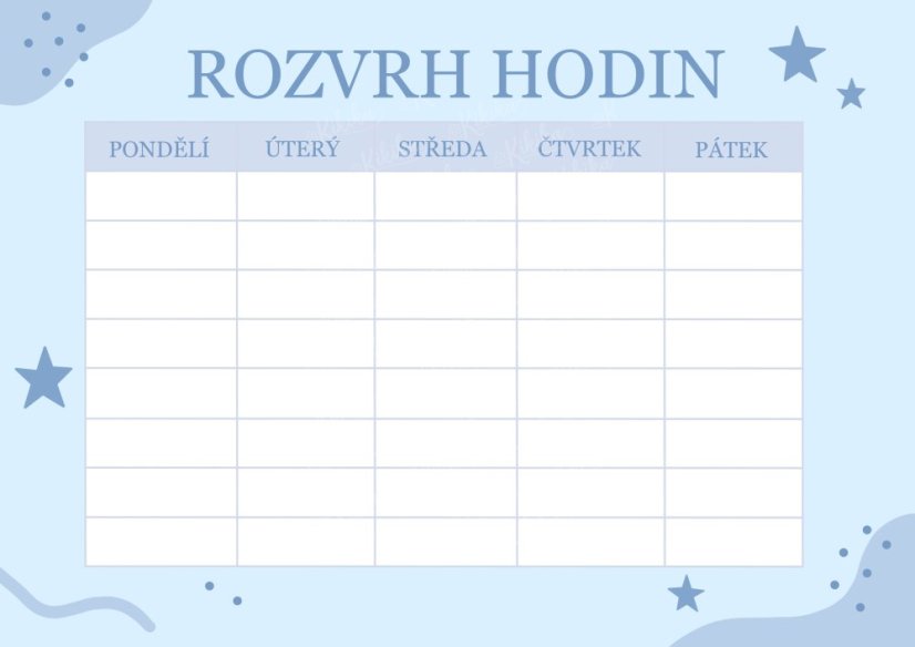 Rozvrh hodin s hvězdičkovým motivem v modré barvě – pastelový tisk | KIKIKA