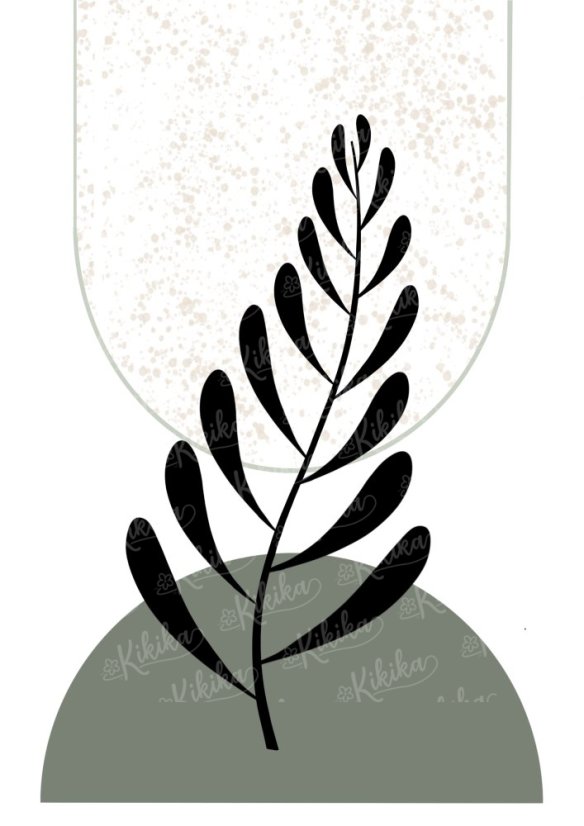 Plakát s černým listem vyrůstajícím ze zeleného půlkruhu, doplněný jemnými béžovými texturami | KIKIKA