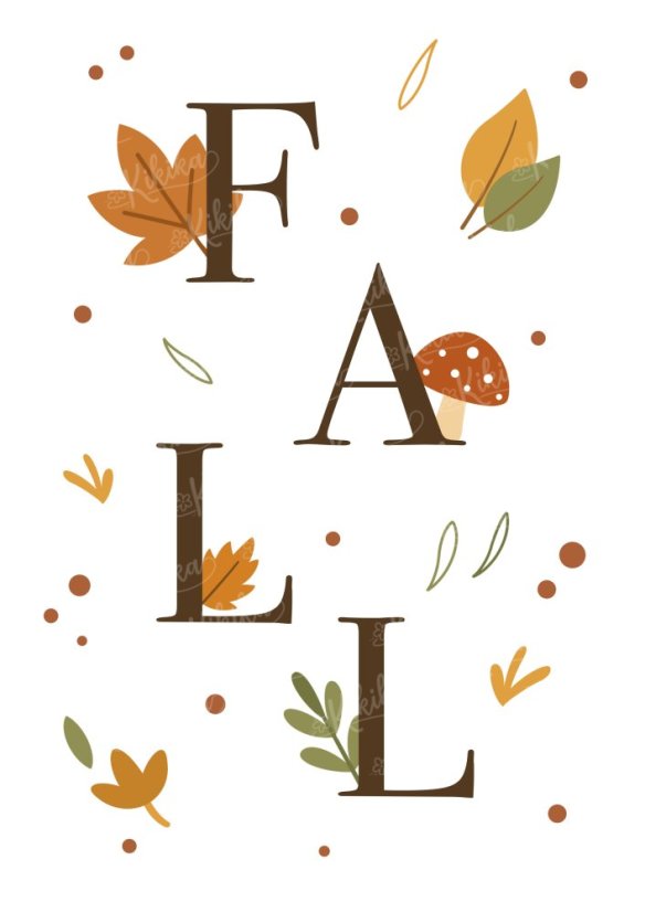 Podzimní dětský typografický plakát s nápisem FALL a listy | KIKIKA