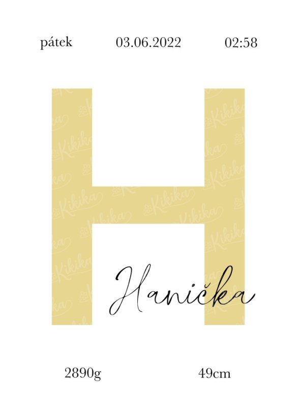 Personalizovaný plakát s údaji o narození dítěte v minimalistickém designu ve žluté barvě | KIKIKA