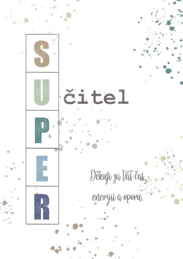 Plakát pro učitele s nápisem "SUPER učitel" v modrozelených tónech a textem děkovného vzkazu | KIKIKA