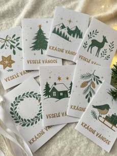 Sada vánočních přáníček s přírodními ilustracemi – různé motivy v zelené a zlaté barvě | Kikika