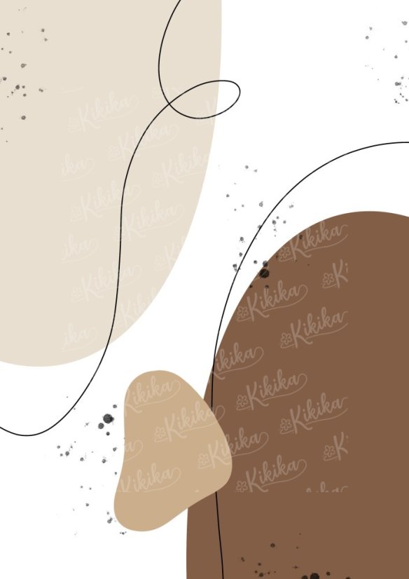 Abstraktní plakát s organickými tvary v béžové, hnědé a krémové barvě s černou linií | KIKIKA