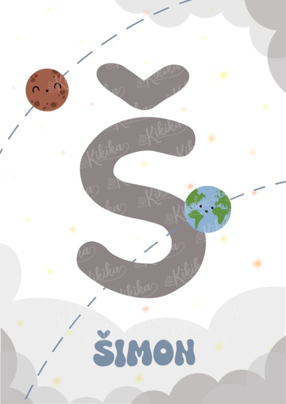 Personalizovaný vesmírný plakát s iniciálou a jménem v modrošedých tónech. | KIKIKA