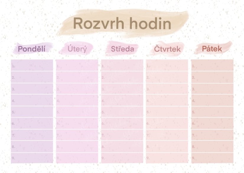 Rozvrh hodin – Pastelové barvy - Formát:: A3, Barva:: Růžová