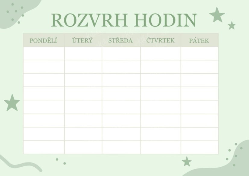 Detail rozvrhu hodin s motivem hvězdiček v zelené barvě – design pro děti | KIKIKA