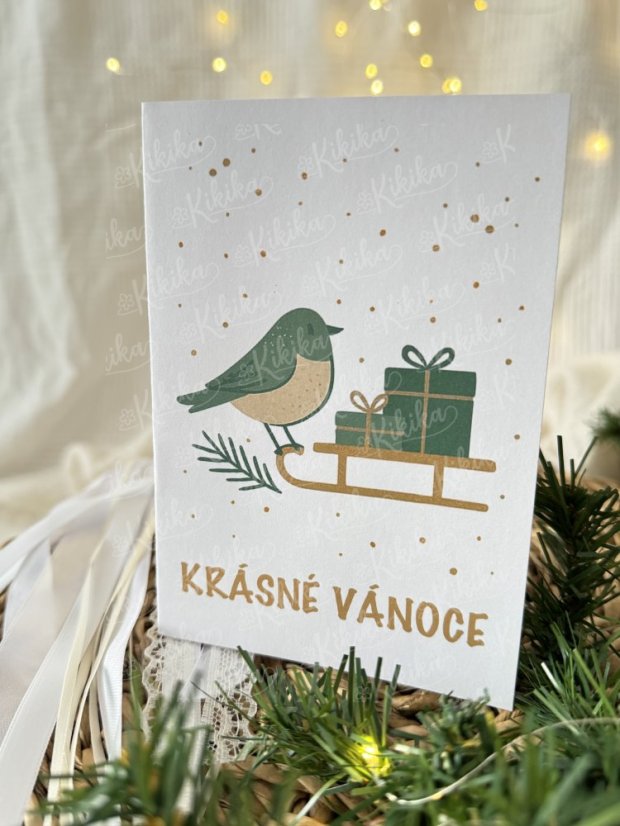 Vánoční přáníčko s ptáčkem a dárky na saních – Krásné Vánoce | Kikika
