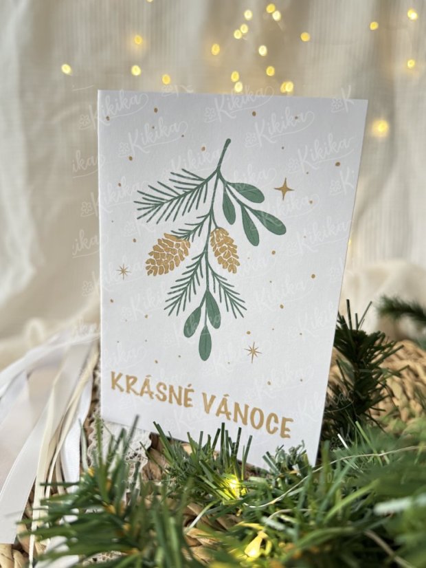 Vánoční přání - Zlatozelená - Motiv přáníčka: Chaloupka