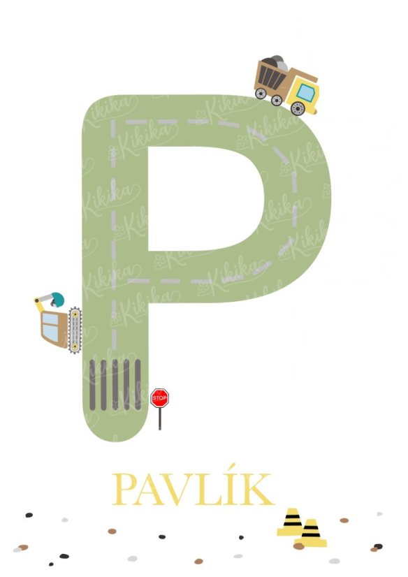 Personalizovaný plakát se jménem dítěte a ilustrací bagru v zelených tónech. | KIKIKA