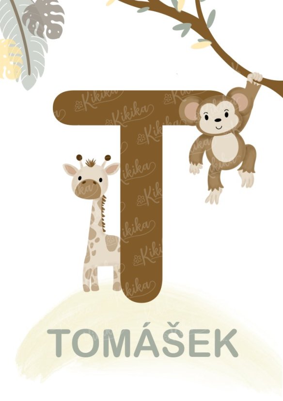 Personalizovaný safari plakát se jménem dítěte v zelených pastelových tónech. | KIKIKA