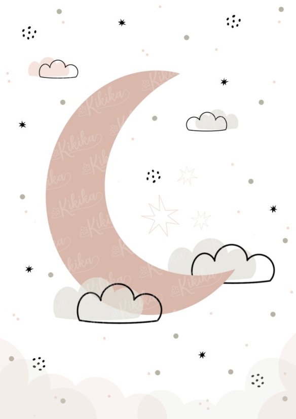 Plakát s ilustrací měsíce nad horami v růžových tónech. | KIKIKA