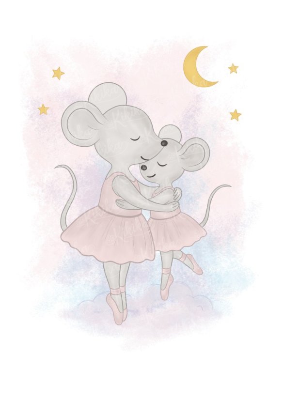 Myšky v objetí pod hvězdami – roztomilé baletky v růžových šatech na pastelovém pozadí | KIKIKA
